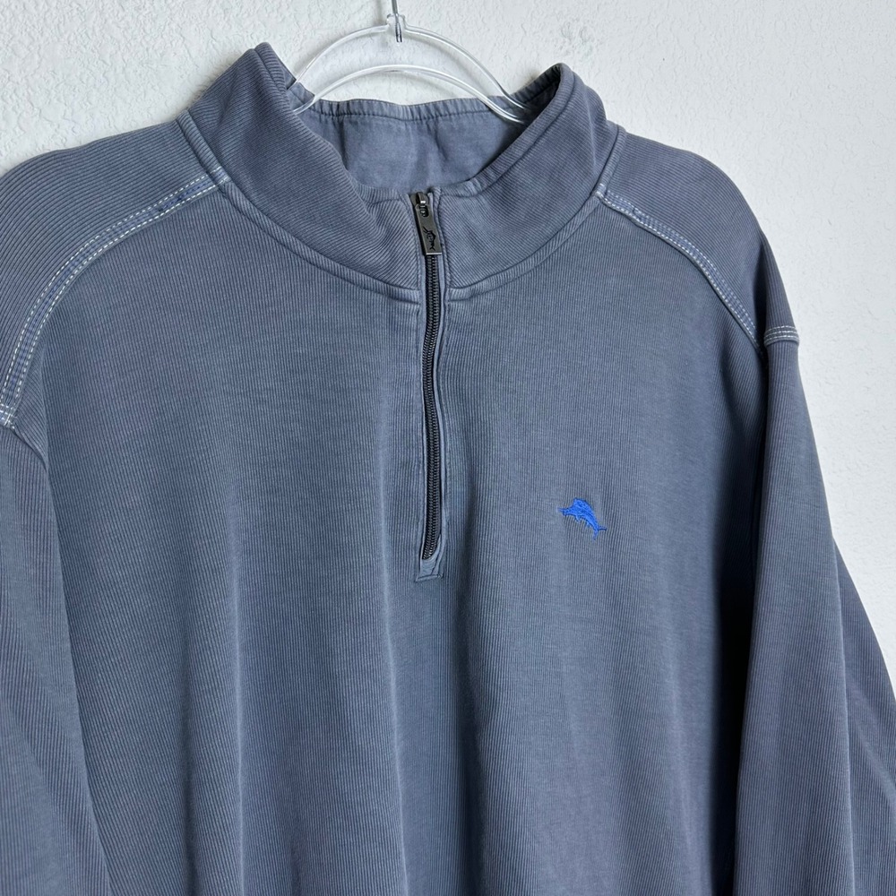 Tommy Bahama Mens XXL Blue Gray Ribbed Cotton Quarter Zip Pullover Marlin Logo